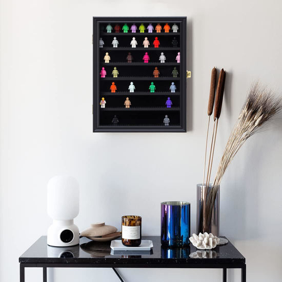 Picture of LARGE Minifigure Display Case - Building Block Toy Minifigures Display Case Minifigure Wall Cabinet Showcase for Small Miniature Collectibles Mini Brands, with Acrylic Door Lockable (Black Finish Frame)