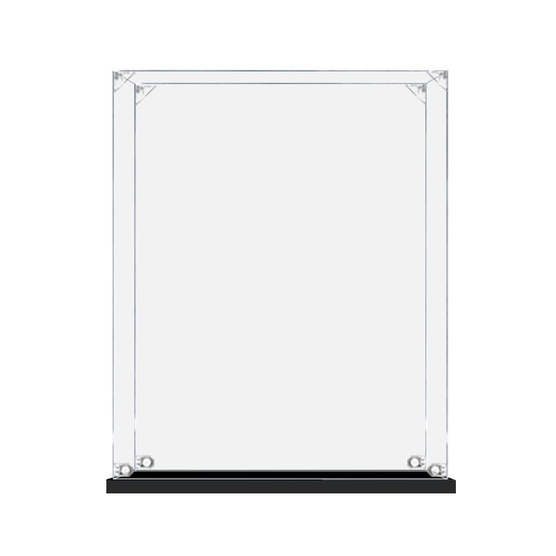 Crystal clear acrylic display case panel protecting a LEGO helmet from dust